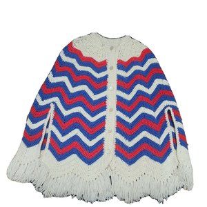 Handmade Crocheted Afghan Style Shawl Button Poncho red white blue chevron MINT